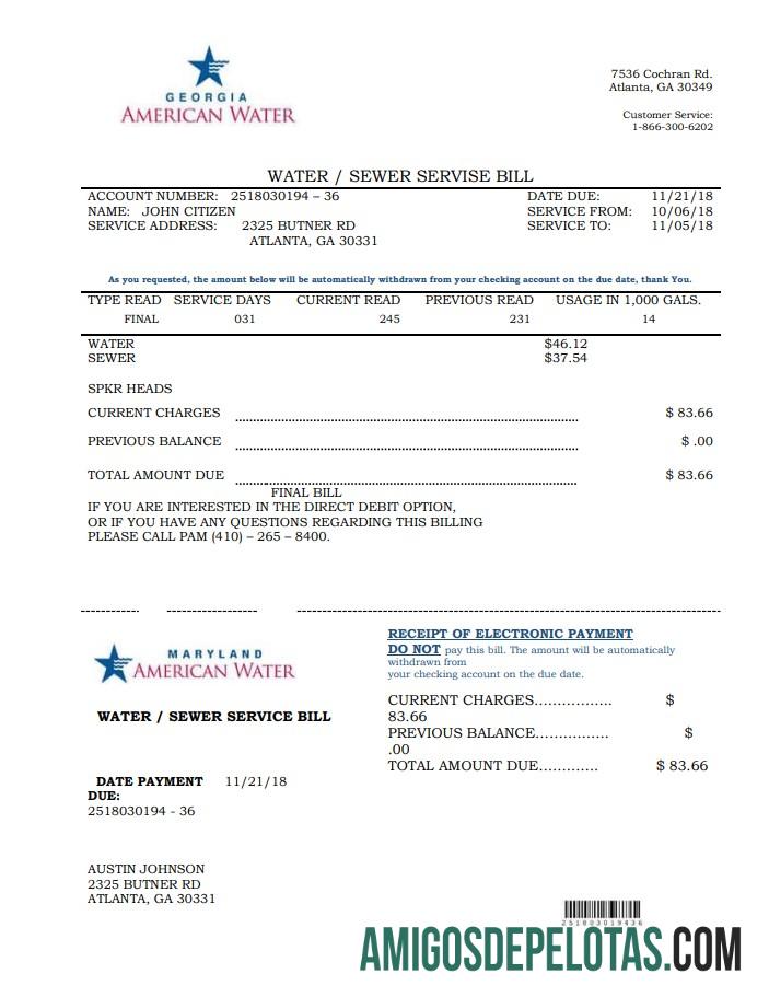 imprimível Modelo de conta de serviços públicos de água dos EUA Maryland Georgia em formato Word e PDF (.doc e .pdf)